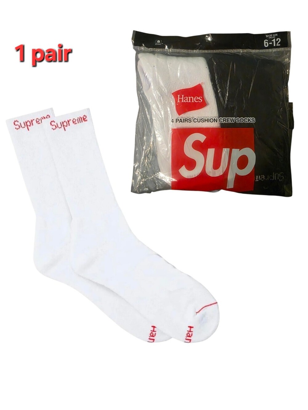 Supreme X Hanes Crew Socks - 1 Pair White Or Black